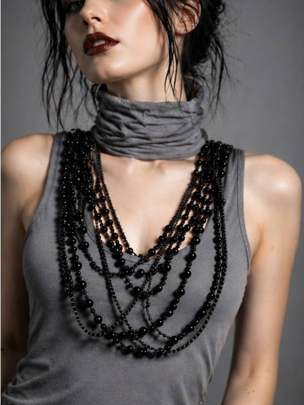 Lady Dutch Gothic Layered Necklace Tank Top Scarf Neck Gray Size S - Picture 3 of 4